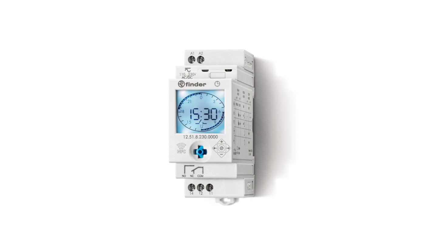 Finder 12.51.8.230.0000 NFC, temporizzatore digitale per guida DIN, 110-230 V, contatto SPDT, programmazione settimanale.
