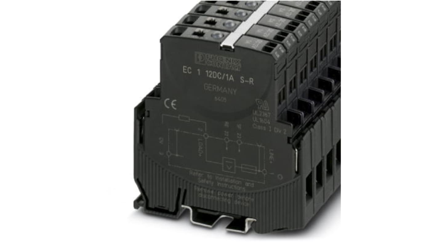 Interruttore elettronico di circuito Phoenix Contact EC 1, 4A, 12V, montaggio su base, dimensioni 80mm x 12.5mm.