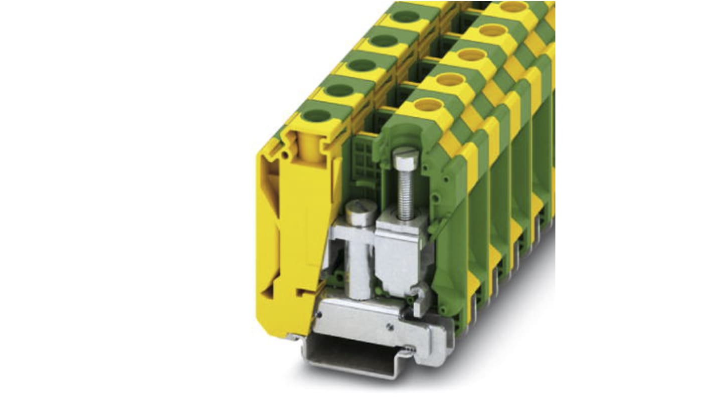 Morsettiera DIN Phoenix Contact 3074143, verde-giallo, 125A, a vite, 2 connessioni, 10-35 mm². Ideale per guida NS 35/7,5 e NS 35/15.
