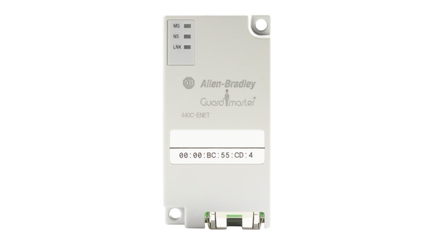 Modulo Ethernet Allen Bradley Guardmaster 440C-ENET, per relè di sicurezza, montaggio su guida DIN, dimensioni 62 x 31,5 x 20 mm.