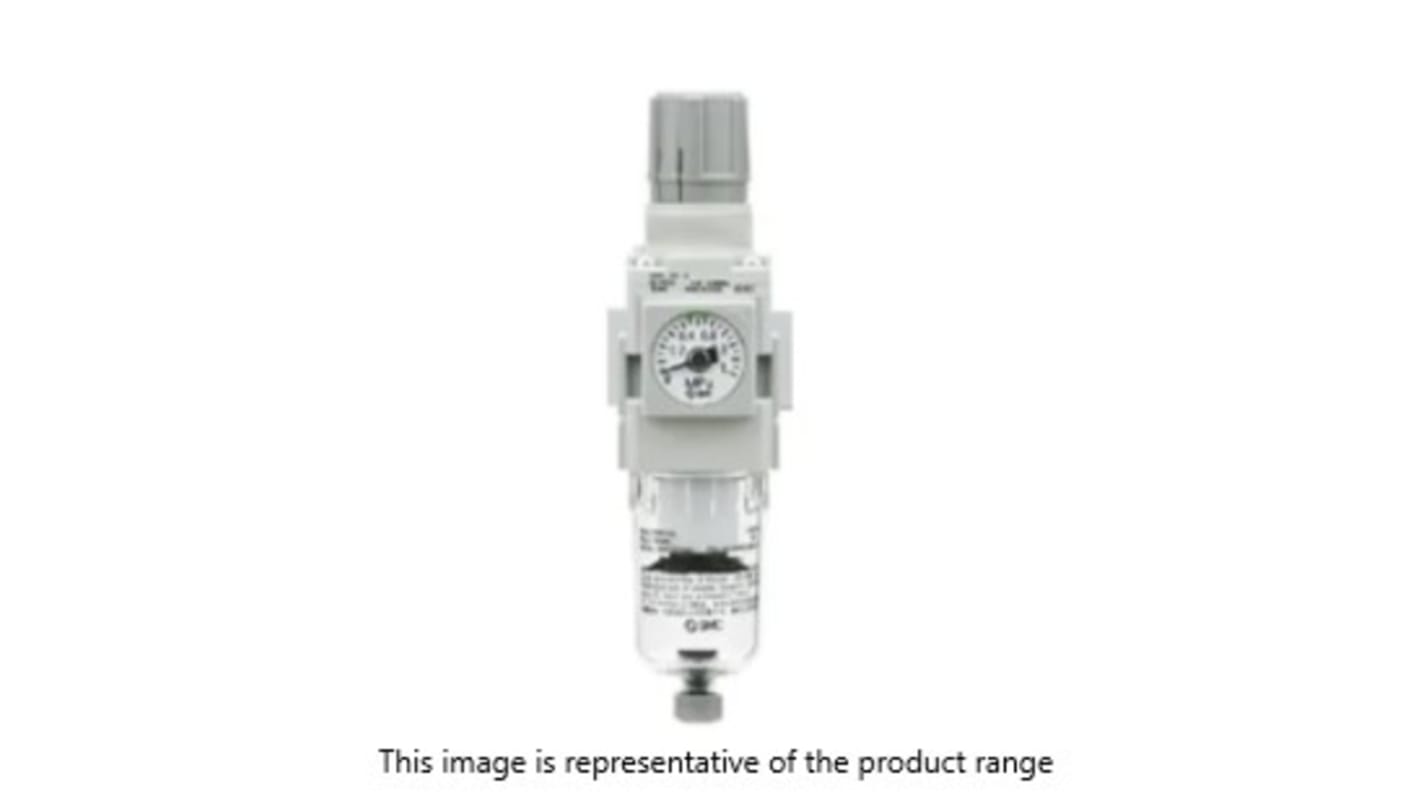 Filtro regolatore SMC AW20-F02-R-B, attacco G 1/4, pressione massima 10 bar, grado di filtrazione 5 micrometri.