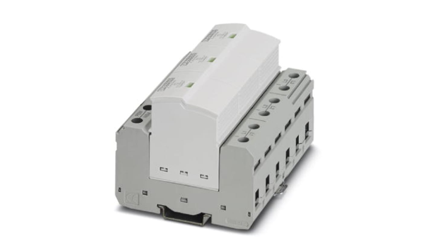 Phoenix Contact, limitatore di sovratensione 3 fasi, dimensioni 95,2 x 106,8 x 74,5 mm, protezione fino a 2,5 kV.
