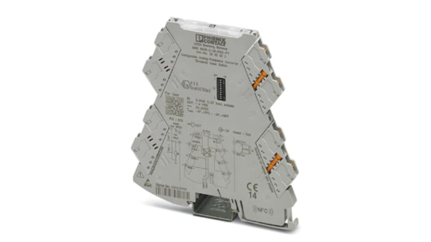 Trasduttore di frequenza Phoenix Contact 2902032, compatto, con configurazione tramite DIP switch e comunicazione NFC.