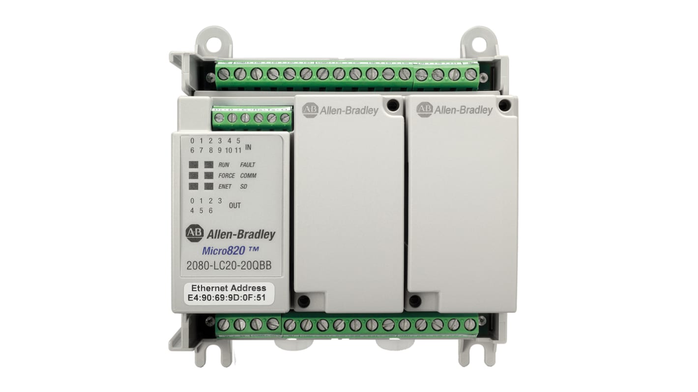 Allen Bradley 2080-LC20-20QWB, CPU PLC Micro820, 12 ingressi digitali, montaggio su guida DIN, dimensioni 90 x 104 x 75 mm.