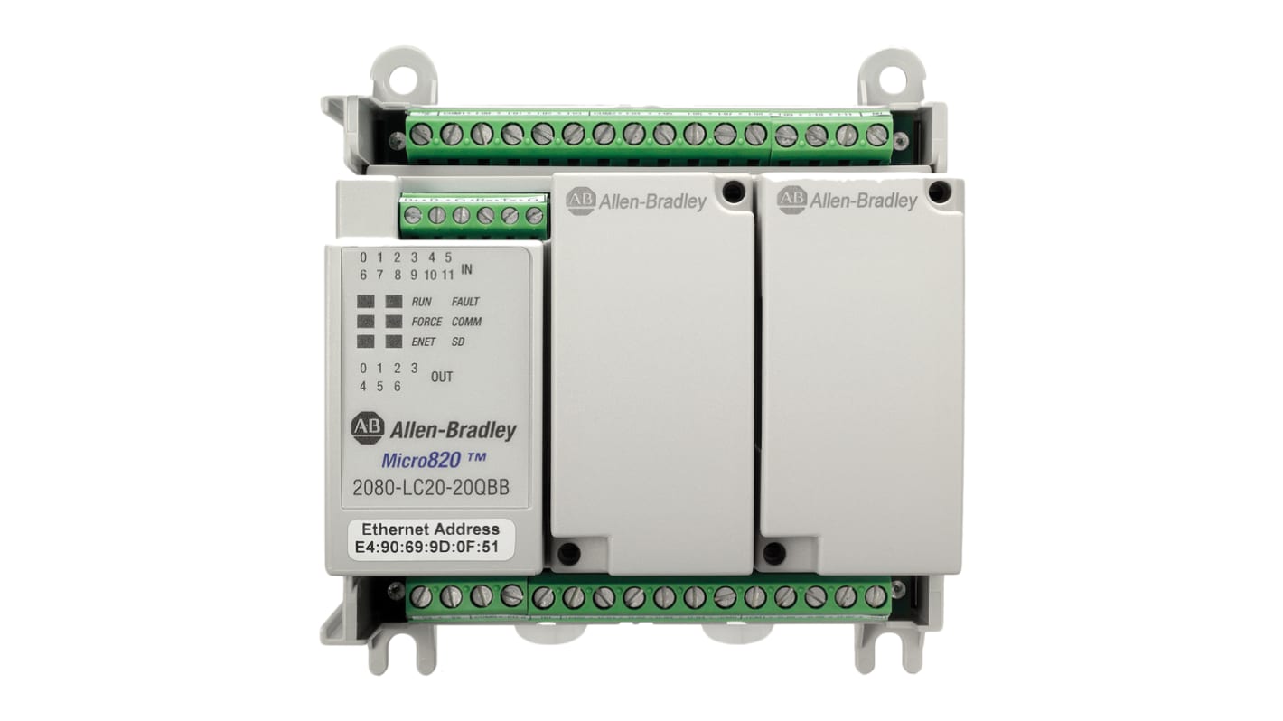Allen Bradley 2080-LC20-20AWB, Micro PLC con 20 I/O, montaggio su guida DIN, dimensioni 90 x 104 x 75 mm.