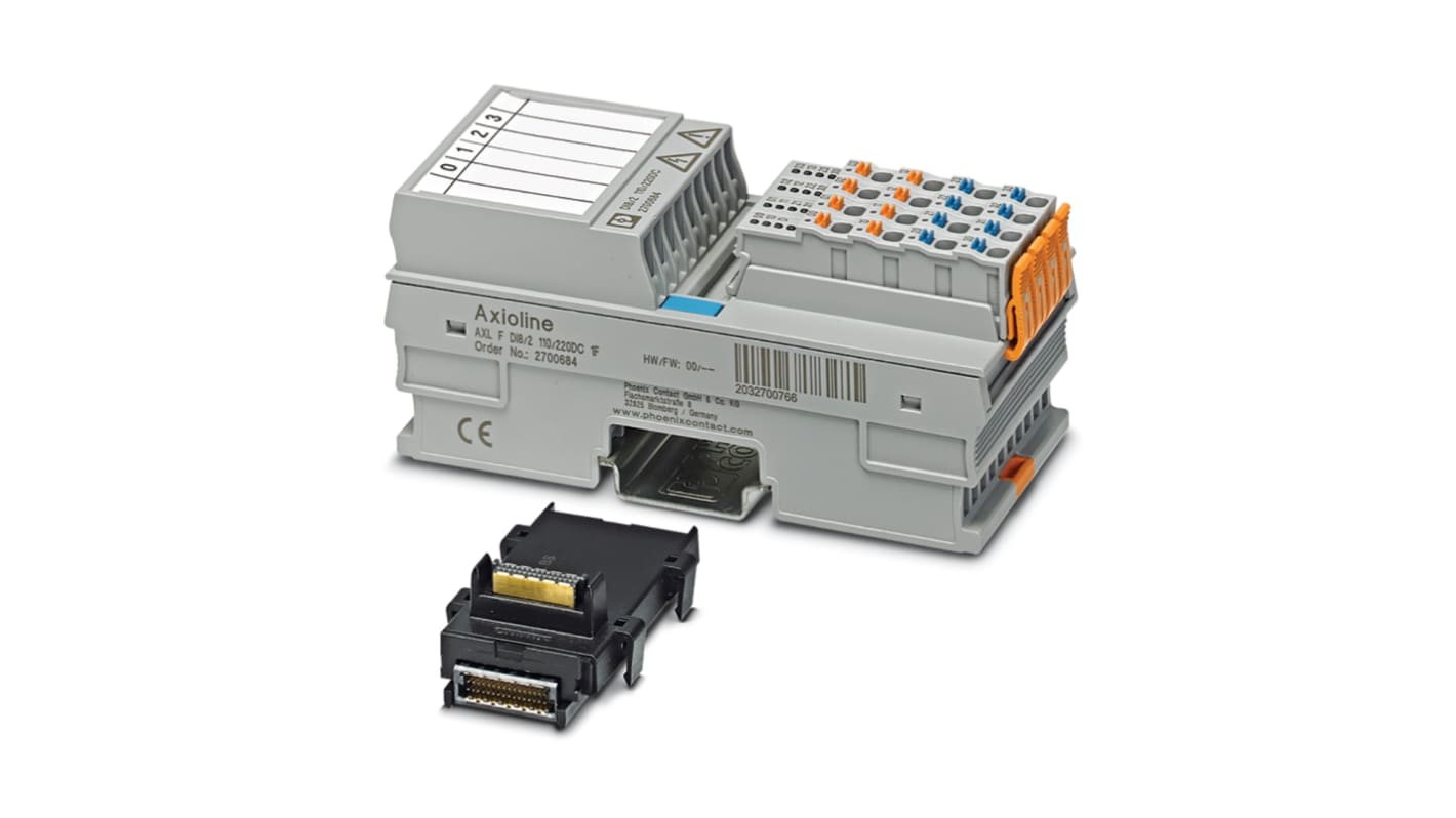 Modulo I/O remoto Phoenix Contact 2700684 per Stazione Axioline F, 8 ingressi digitali, montaggio su guida DIN, dimensioni 53,6 x 126,1 x 54 mm.