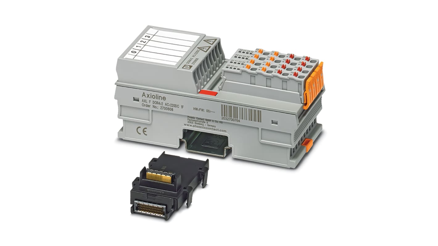 Modulo I/O remoto Phoenix Contact 2700608, 4 uscite relè, montaggio su guida DIN, dimensioni 53,6 x 126,1 x 54 mm.