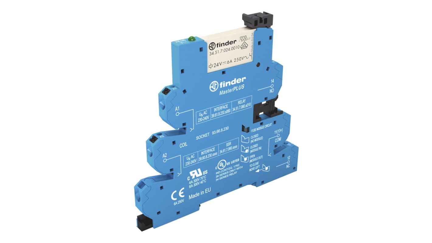 Finder 39.61.0.240.0060, relè d'interfaccia SPDT per guida DIN, 240V, dimensioni 90.7 x 6.2 x 94.3 mm.