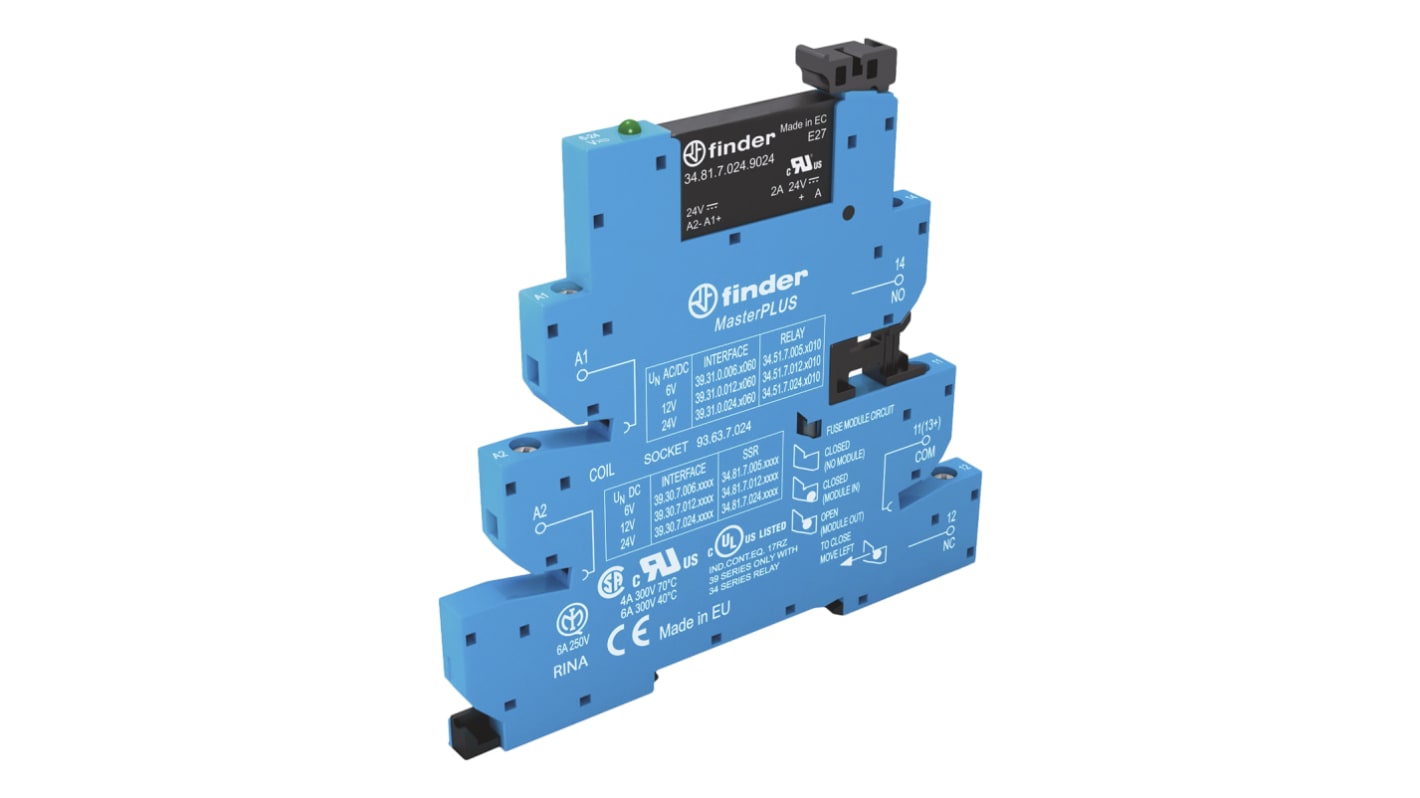 Finder 39.30.0.240.9024, relè d'interfaccia a stato solido per guida DIN, contatti SPST, dimensioni 90.7 x 6.2 x 94.3 mm.