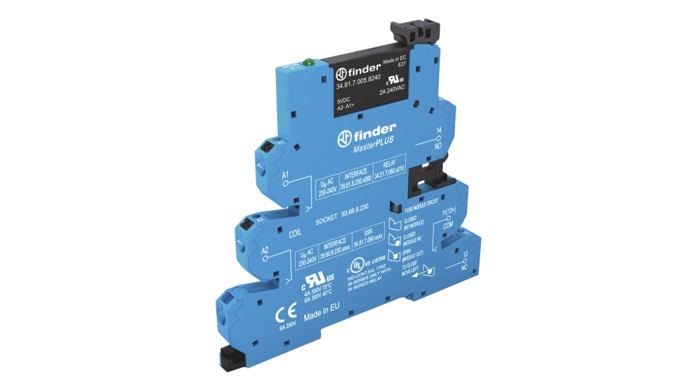 Finder 39.60.0.240.9024, relè d'interfaccia a stato solido per guida DIN, 240V, contatti SPST, dimensioni 90.7 x 94.3 x 6.2 mm.