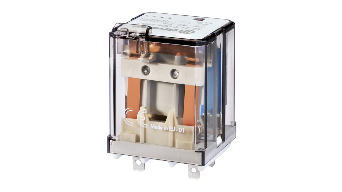 Relè di potenza Finder 62, SPST, 24V cc, montaggio a innesto, dimensioni 38.2mm x 49.1mm x 35.8mm.