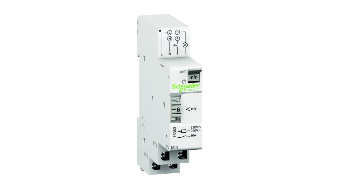 Temporizzatore di illuminazione modulare Schneider Electric 15363, 230V, regolabile da 30s a 20min, con preavviso di spegnimento. Adatto per progetti industriali.