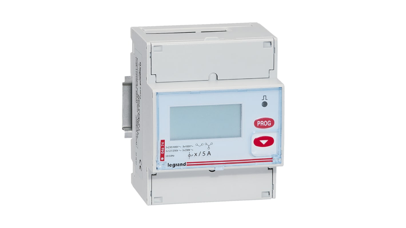Contatore di energia trifase Legrand 0 046 85, display LCD, misura kWh, corrente e potenza, intervallo -5°C/+55°C.