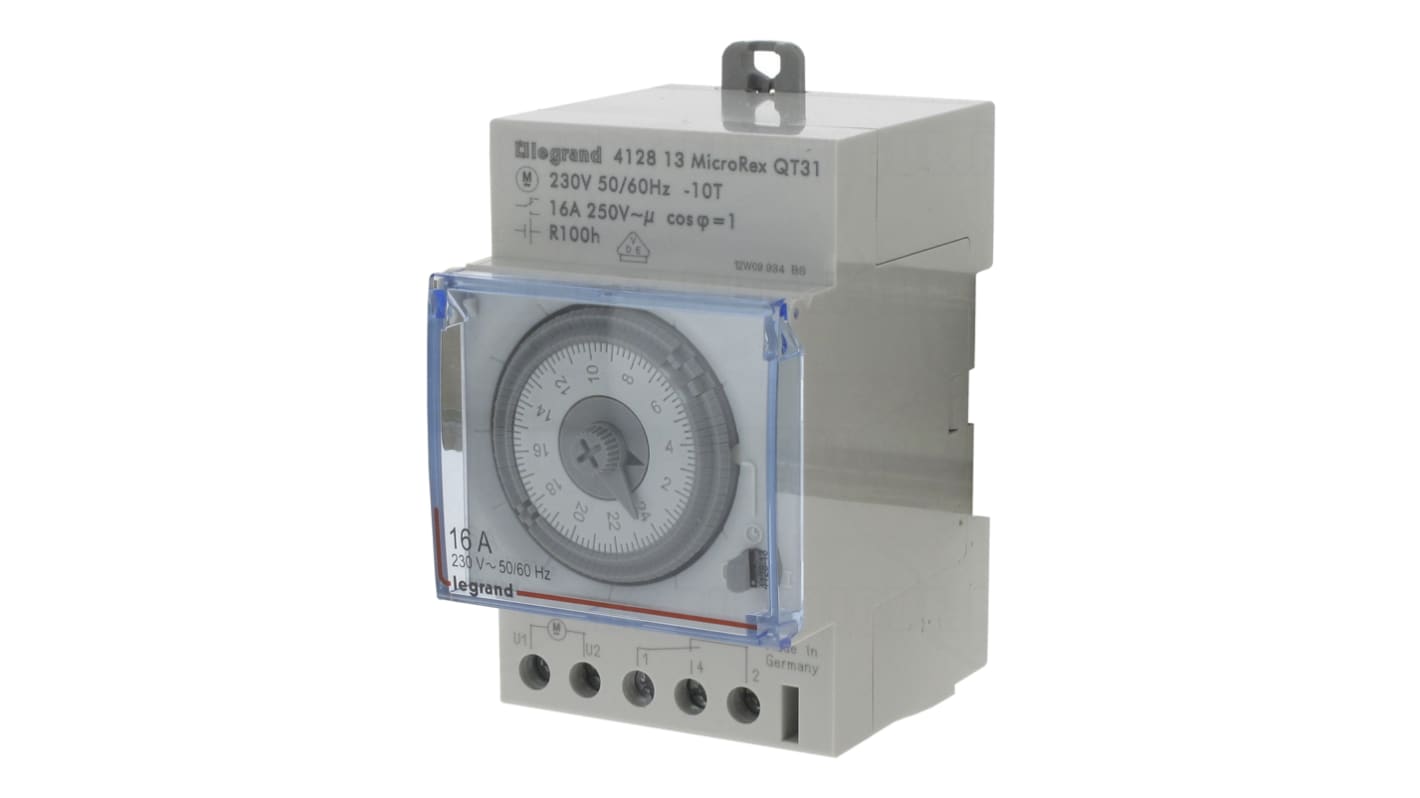 Temporizzatore Legrand 4 128 13 per guida DIN, SPDT, 3 canali, programmabile, 230 V ca, dimensioni 83 mm x 66 mm. Montaggio su guida DIN.