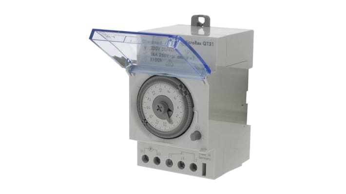 Temporizzatore Legrand 4 128 13 per guida DIN, SPDT, 3 canali, programmabile, 230 V ca, dimensioni 83 mm x 66 mm. Montaggio su guida DIN.