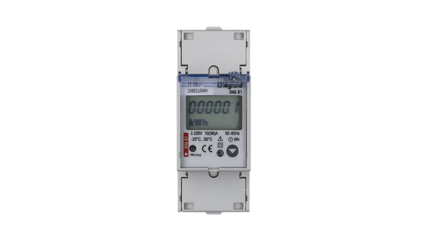 Contatore di energia monofase Legrand 0 046 81, display LCD, misura kWh, corrente e potenza, profondità 65,4 mm.