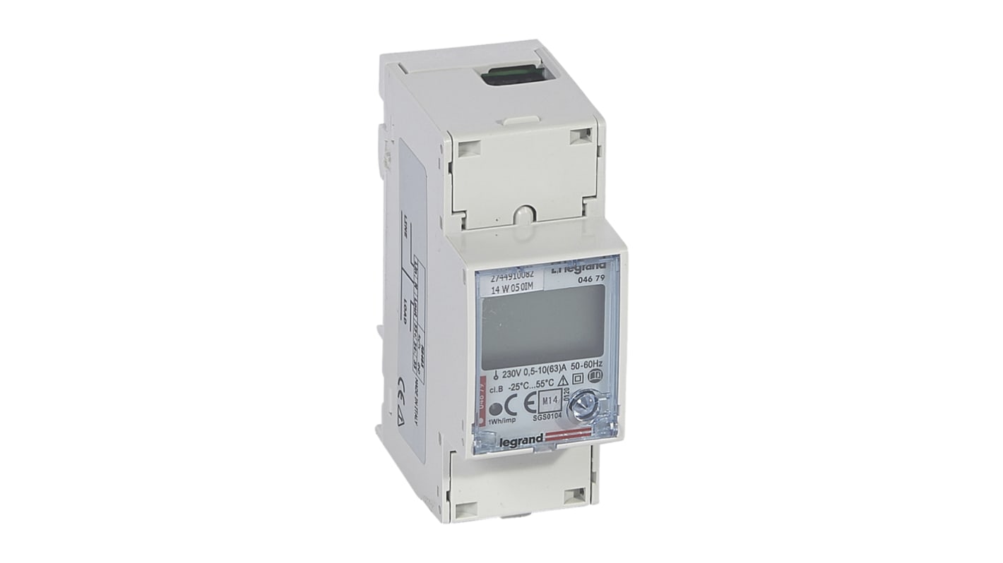 Contatore di energia monofase Legrand 0 046 79, display LCD, misura kWh, corrente, energia attiva e reattiva.