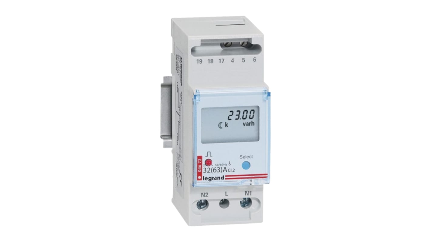 Contatore di energia Legrand 0 046 72 EMDX3 monofase con display LCD, misura fino a 99999,9 kWh, profondità 65,5 mm.