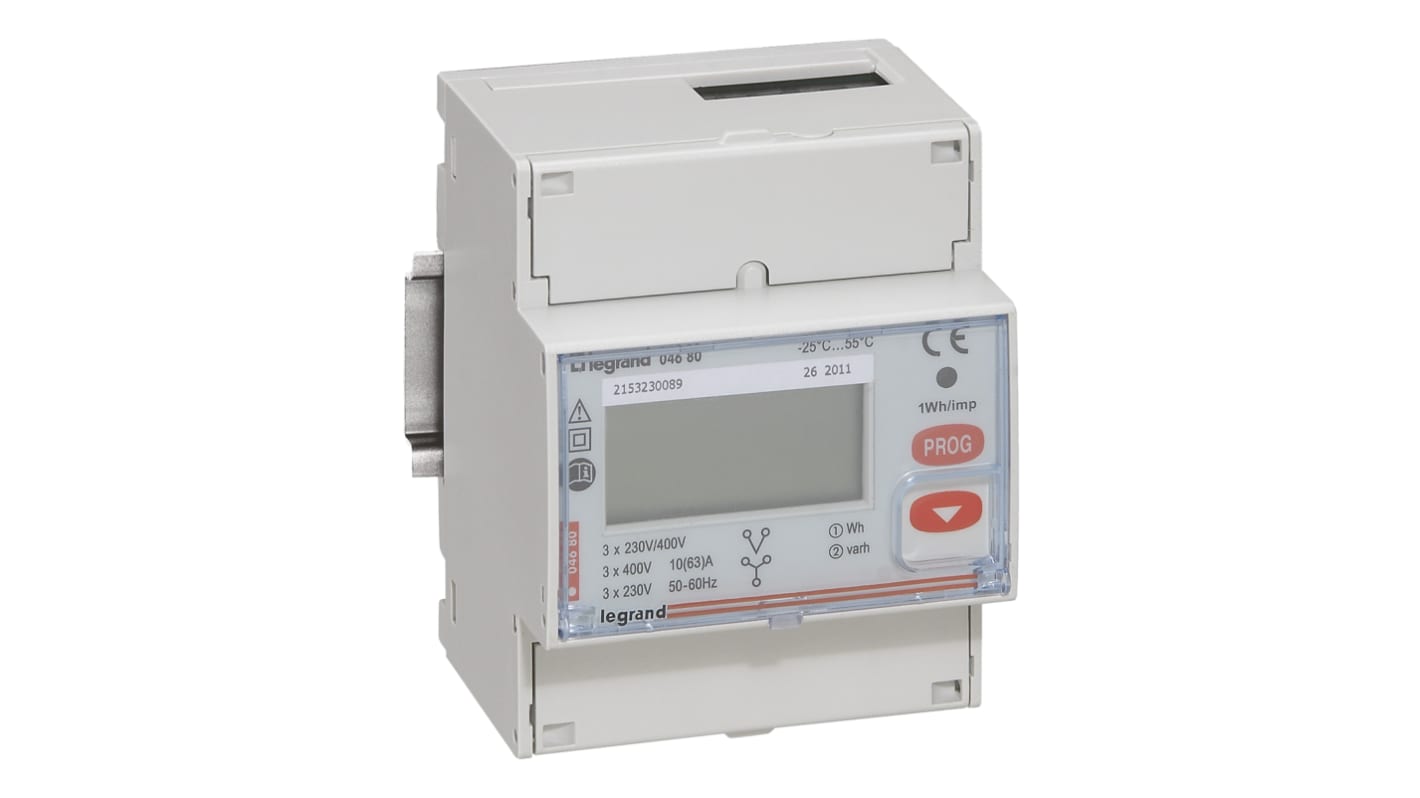 Contatore di energia Legrand 0 046 83, trifase con display LCD, misura energia in kWh e potenza, intervallo -5°C/+55°C.
