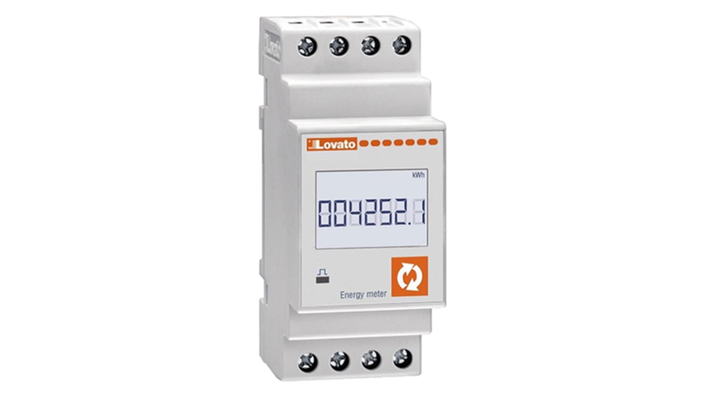 Contatore di energia monofase Lovato DMED130, display LCD retroilluminato, misurazione fino a 63 A, protezione IP40.