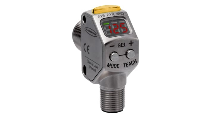 Sensore di contrasto cilindrico Banner Q3XTBLD200-Q8, rilevamento a 200 mm, uscita NPN/PNP, grado di protezione IP67/IP68/IP69K.