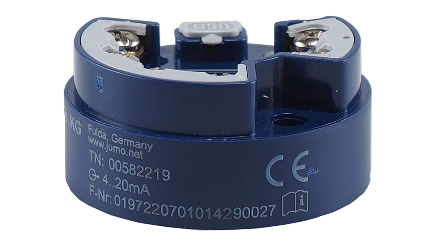 Trasmettitore di temperatura Jumo 582219, ingresso PT100, uscita 4-20 mA, diametro 44 mm, per temperature da -40 a +85 gradi.