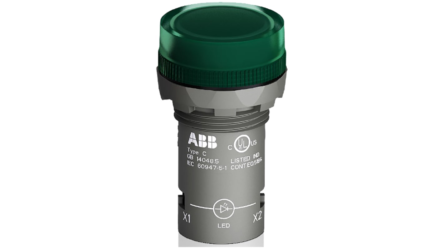 Spia LED ABB CL2-502G, montaggio a pannello, foro 22 mm, verde, IP66/IP67/IP69K, 24 V, -25 °C a +70 °C, dimensioni 30 x 30 x 52 mm.