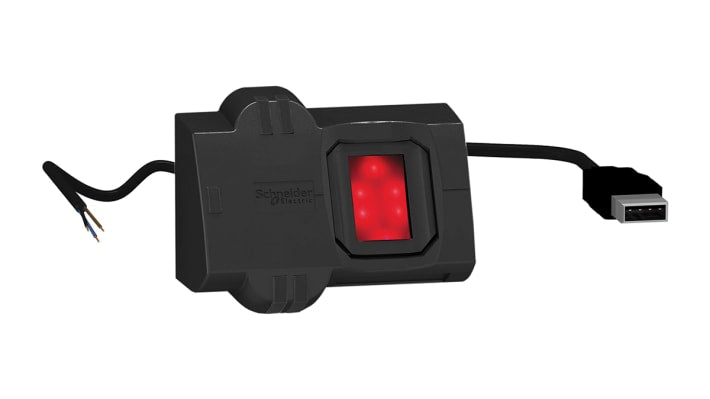 Interruttore biometrico USB Schneider Electric XB5S5B2L2, alimentazione 24 V c.c., montaggio in foro da 22 mm, dimensioni 69.3 x 54 x 78.5 mm.