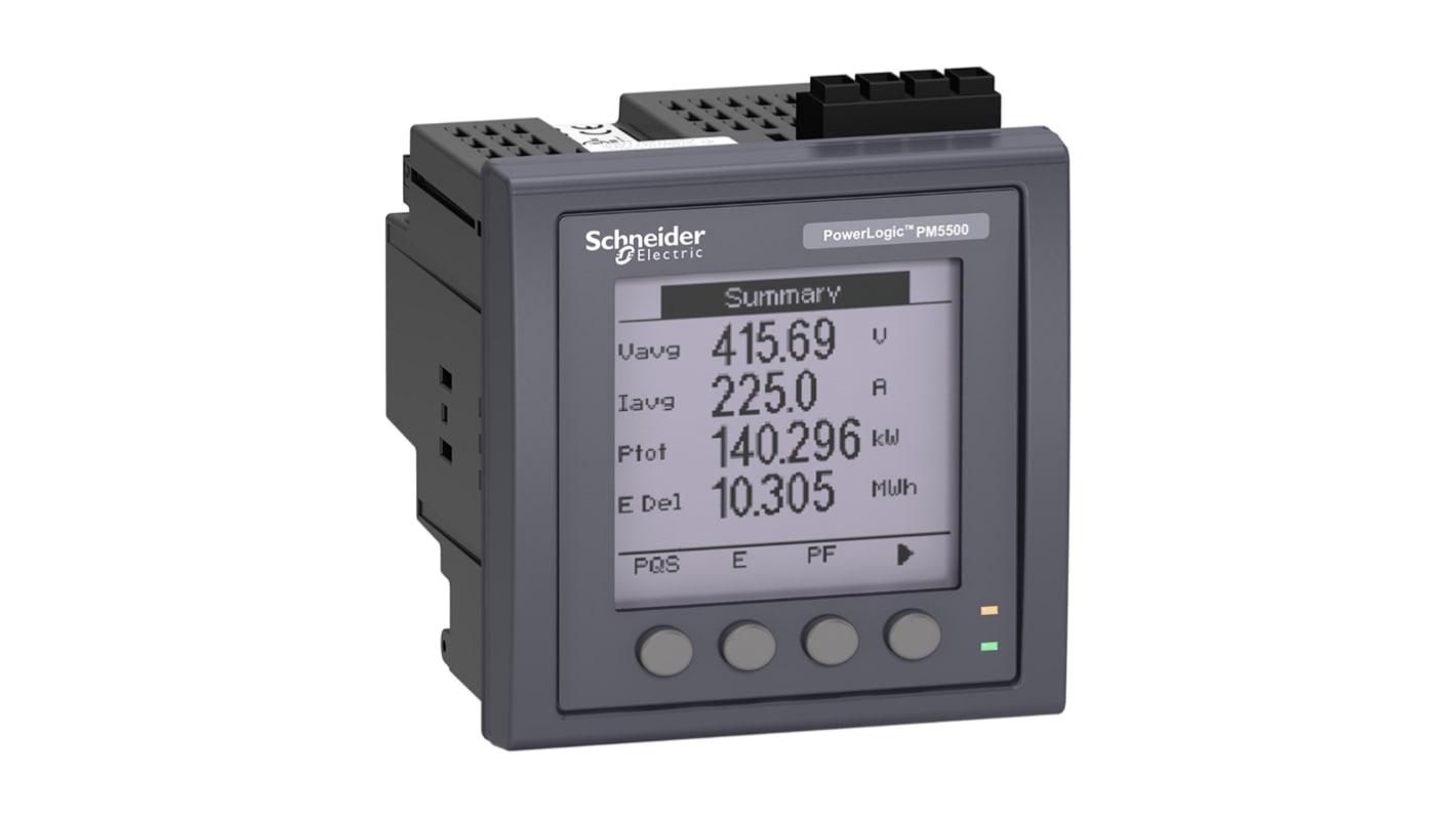 Contatore di energia trifase Schneider Electric METSEPM5561, display LCD, dimensioni 96x96 mm, installazione senza utensili.