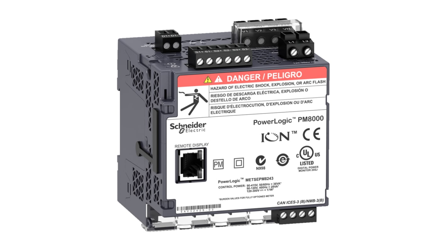 Contatore di energia trifase Schneider Electric METSEPM8243, montaggio su guida DIN, precisione ±0,1%, intervallo 100-690 V AC.