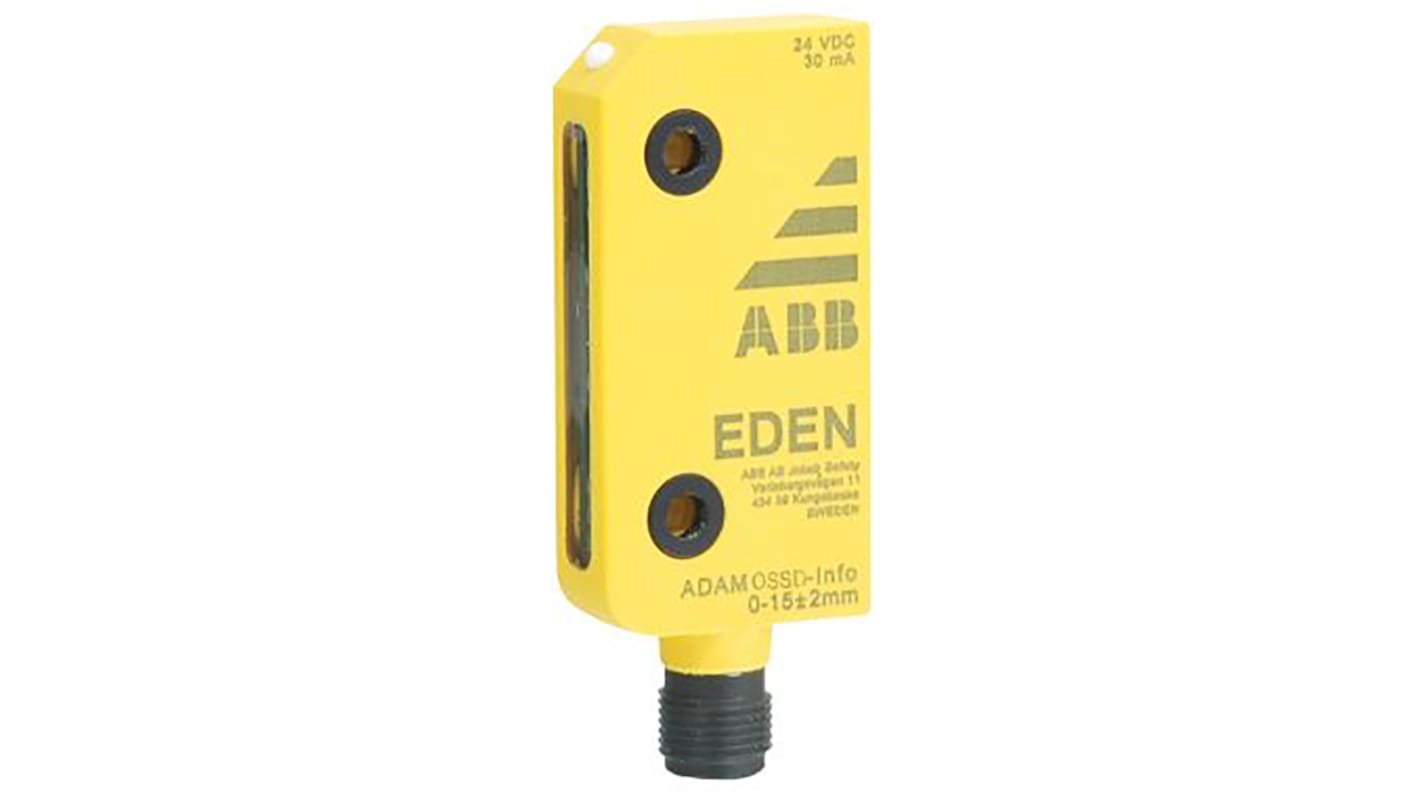 Interruttore di sicurezza OSSD ABB, 24V cc, IP69K, distanza di commutazione 0-15 mm, dimensioni 60x12x30 mm.