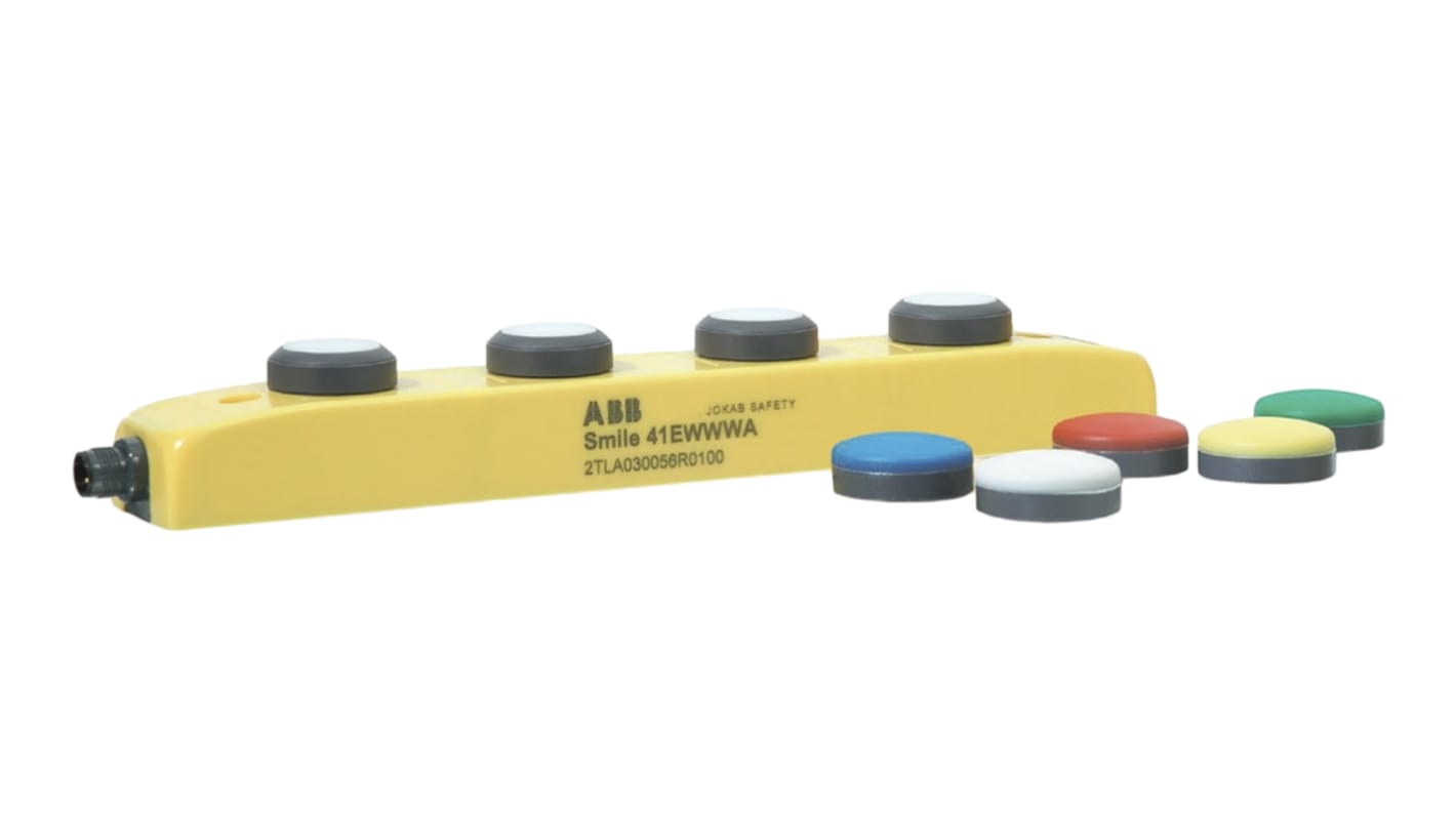 Pulsante di controllo ABB Smile 41 EWWWP, IP65, con 3 pulsanti e arresto di emergenza, dimensioni 260x40x60mm.