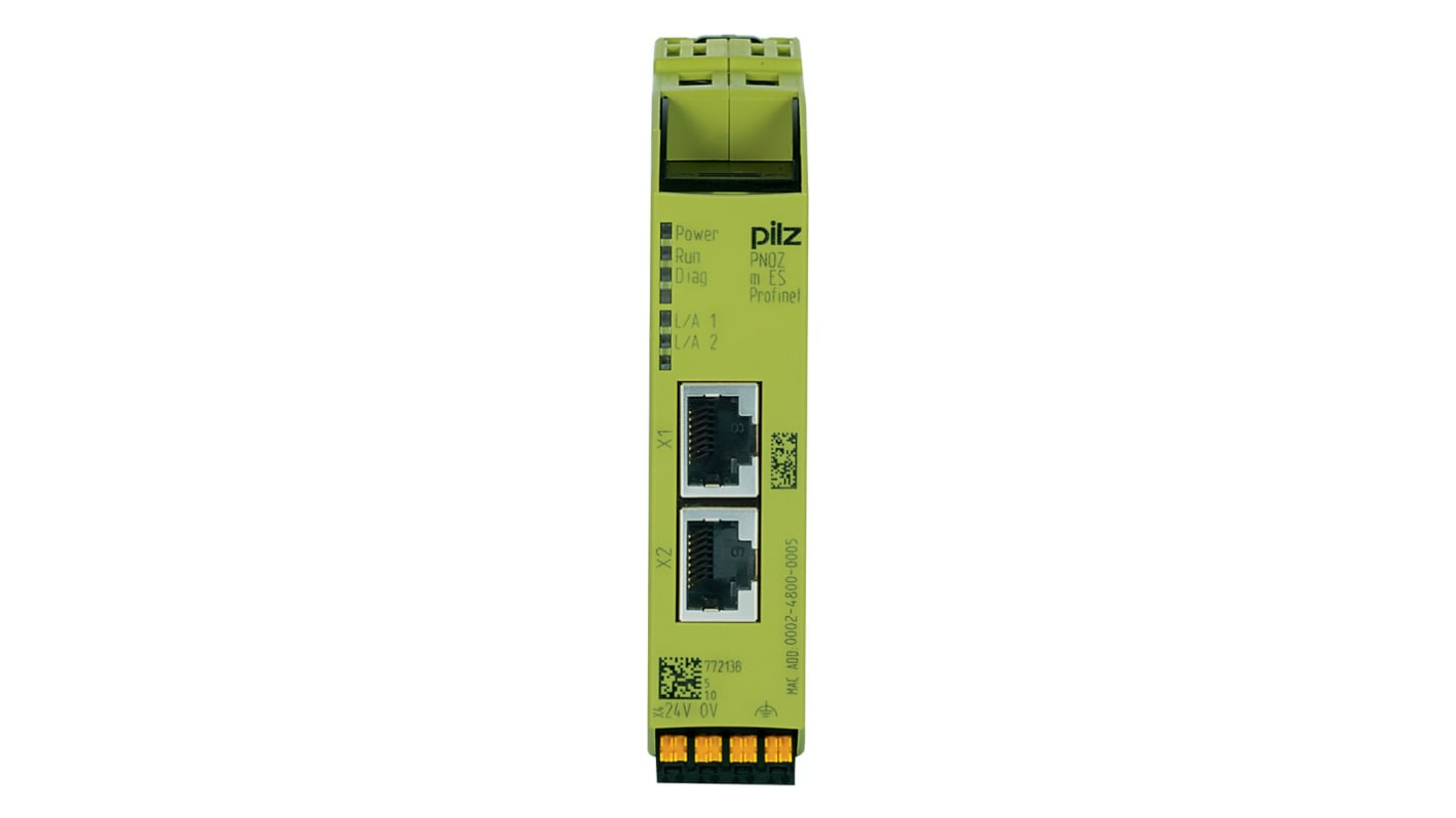 Modulo di comunicazione Profinet Pilz 772138 per PNOZmulti 2, 24 V c.c., montaggio su guida DIN, dimensioni 101,4 x 22,5 x 110,4 mm.