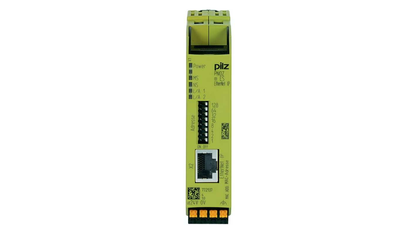 Modulo di comunicazione EtherNet/IP Pilz 772137 per PNOZmulti 2, montaggio su guida DIN, dimensioni 101,4 x 22,5 x 110,4 mm.