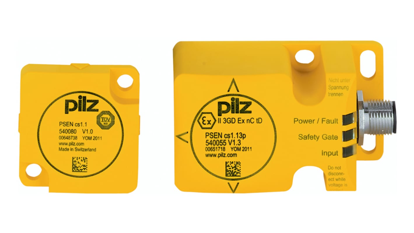 Interruttore di sicurezza senza contatto Pilz 540005, 24V cc, M12, IP67, 15 mm di distanza di commutazione, dimensioni 75x40x40 mm.