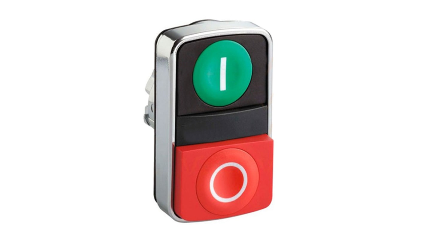 Pulsante doppio instabile Harmony XB4, verde/rosso, LED integrato, IP67/IP69K - Schneider Electric ZB4BL7341. Ideale per applicazioni industriali.