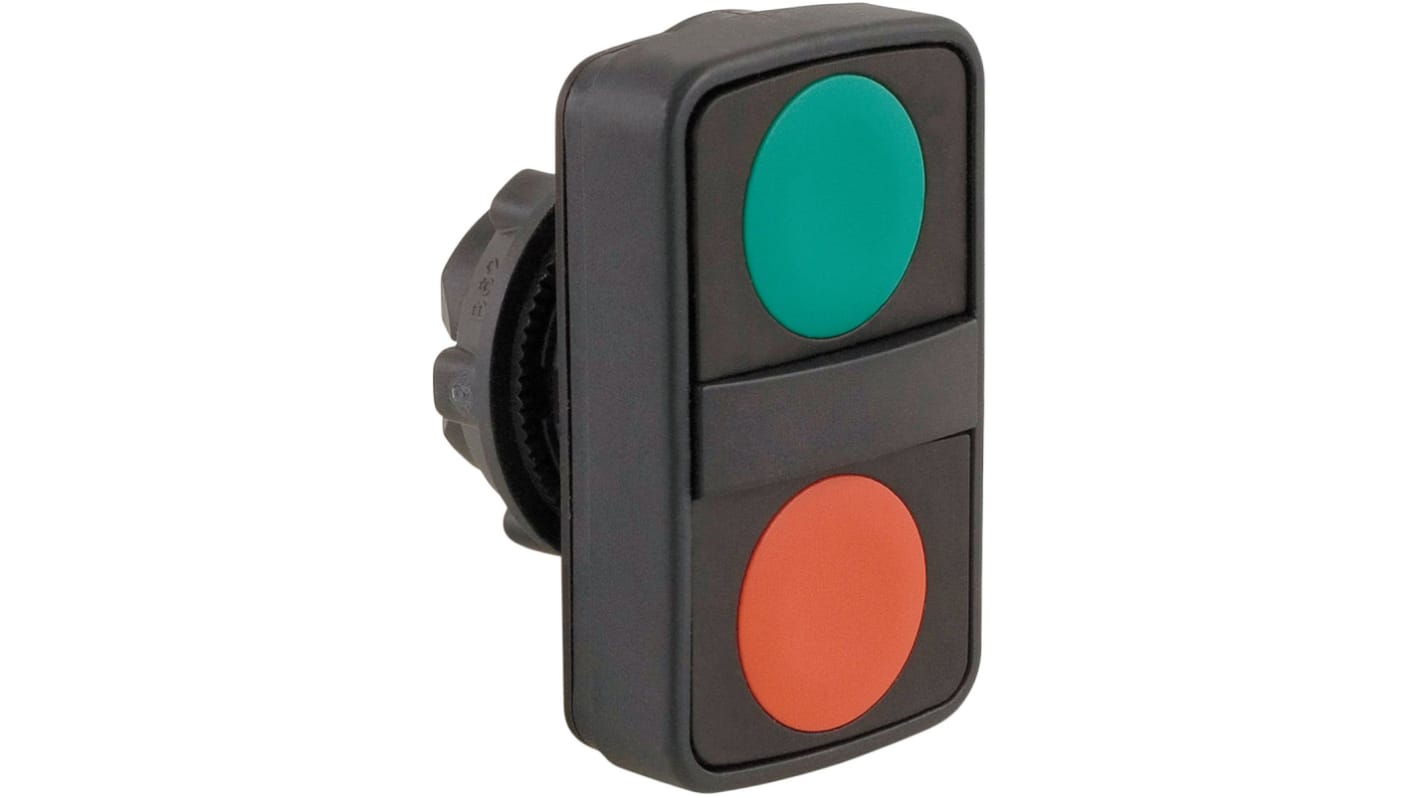 Attuatore pulsante instabile Schneider Electric, serie Harmony XB5, doppia testa, diametro foro 22mm, colori verde e rosso, IP67/IP69K.