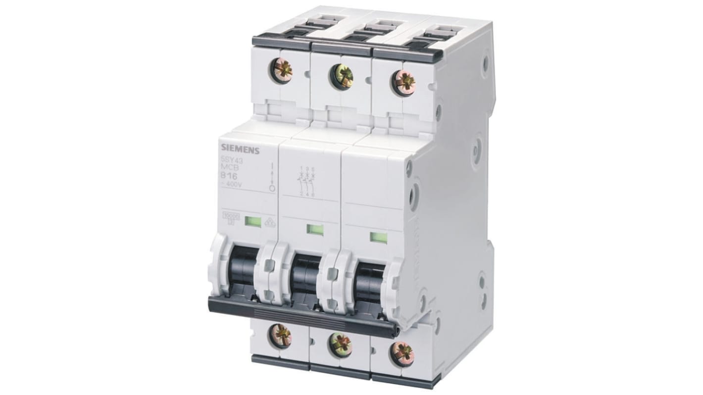 Interruttore magnetotermico Siemens 5SY4316-6, 3P 16A 10 kA Tipo B. Serie 5SY4 per prestazioni elevate e affidabili. Conforme a EN 60898.