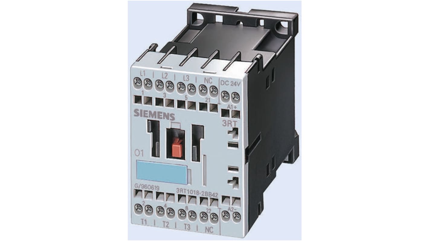 Contattore tripolare Siemens 3RT1016-2AF02, 9 A, 4 kW, 110 V c.a., dimensioni 60x45x73 mm, conforme a UL e IEC60947.