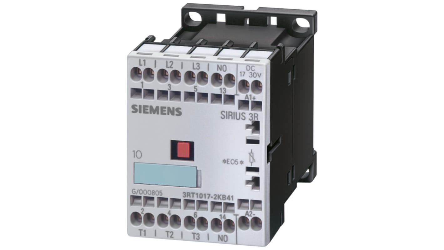 Contattore Siemens 3RT1017-2HB42, 3 poli, 12 A, 24 V c.c., dimensioni 45x60x73 mm, conforme a UL e IEC947.