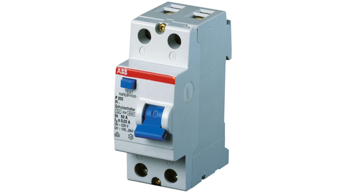 Interruttore differenziale ABB F200, 2 poli, 25 A, 300 mA, montaggio su guida DIN, dimensioni 85 x 69 x 35 mm.