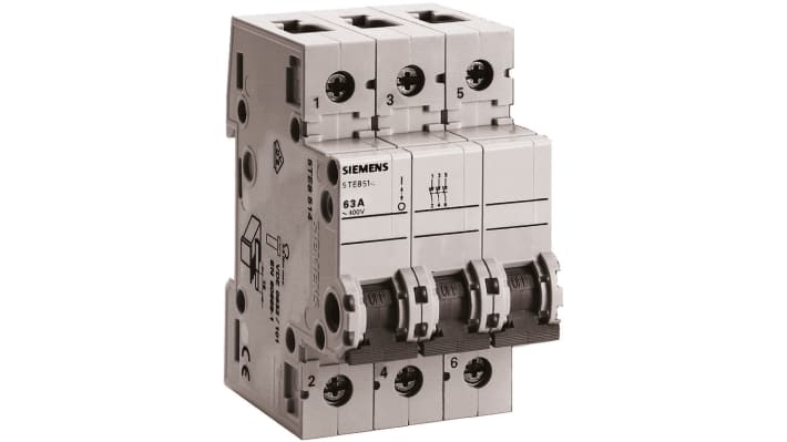 Interruttore di isolamento Siemens 5TE8113, 3 poli, 20A, montaggio su guida DIN, dimensioni 90x18x70mm, colore maniglia grigio.