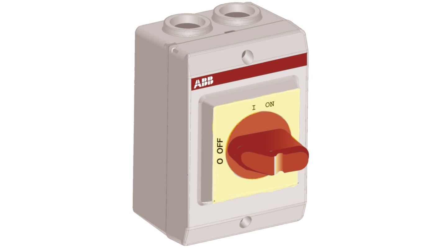 ABB OTP16KA3M, interruttore di isolamento 3 poli, 23A, 690V, IP65, maniglia rossa, dimensioni 120x85x60mm.