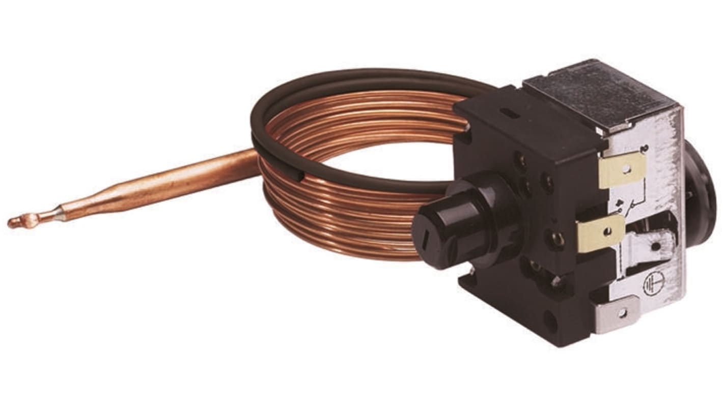 Termostato capillare Jumo per limitazione temperatura, max 100°C, montaggio a parete, contatto NC, 16A, 400V.
