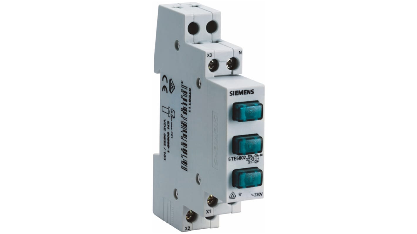Siemens 5TE5802, interruttore di segnalazione stato IP20, con lampada fluorescente e terminale a vite, tensione 230V.
