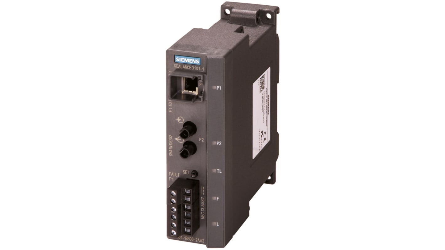 Modulo di connessione LAN Siemens 6GK5101-1BC00-2AA3, supporta Ethernet 10/100 Mbit/s, dimensioni 125 x 40 x 124 mm.