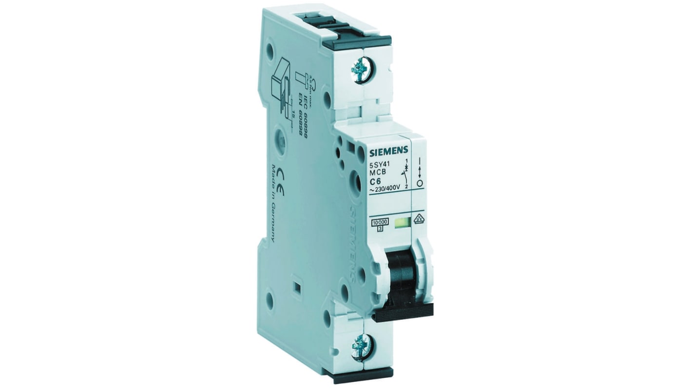Interruttore magnetotermico Siemens 1P 500mA 10 kA, Tipo C (5SY4105-7) - Foratura automatica, Serie 5SY4, curve B, C e D. Ideale per protezione industriale.