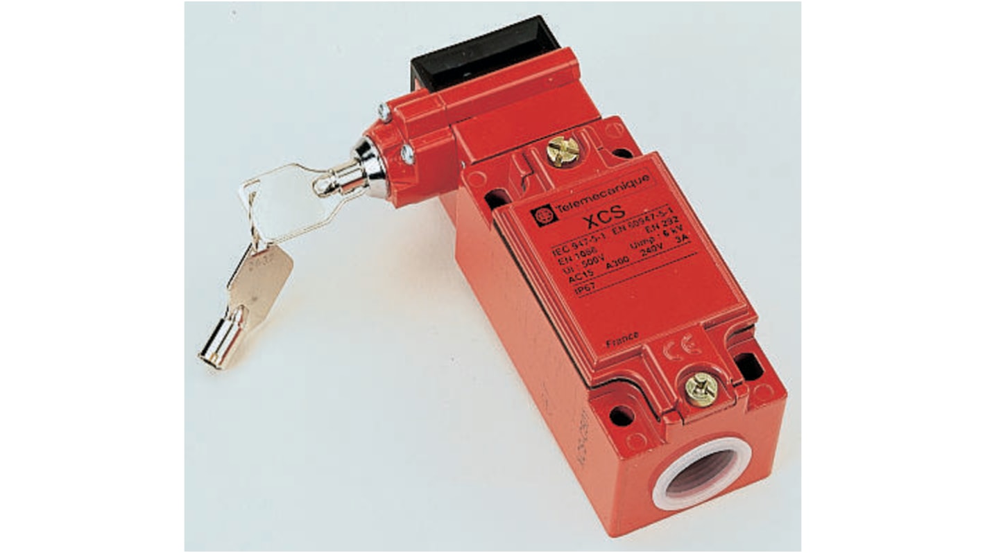 Interruttore di interblocco di sicurezza a chiave Telemecanique Sensors XCSC702EX, 2NC/1NA, IP67, per ambienti polverosi e zone 21-22. Dimensioni 52 x 44 x 113,5 mm.