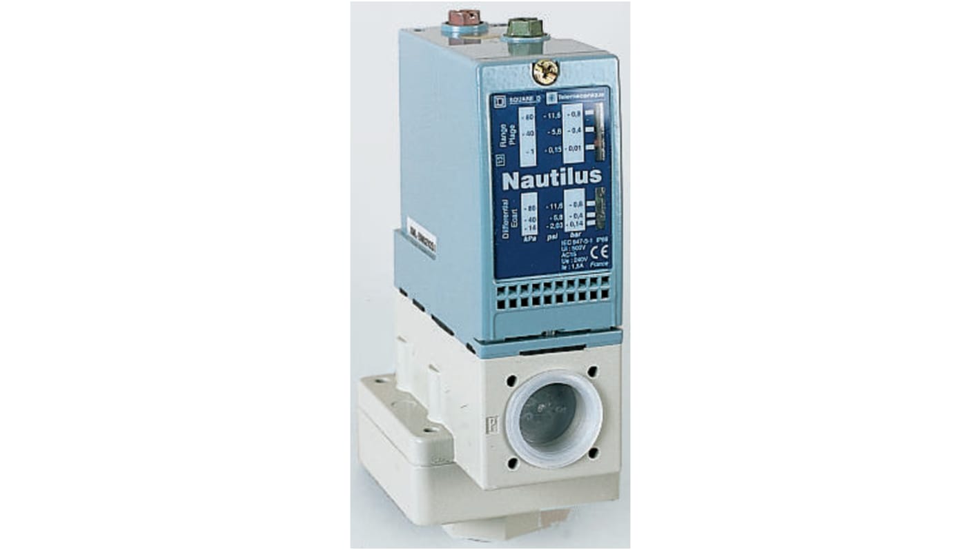 Sensore di pressione differenziale Telemecanique Sensors XMLBM02V2S12, -0.01 bar max, uscita relè, IP66, -25/+70 °C.