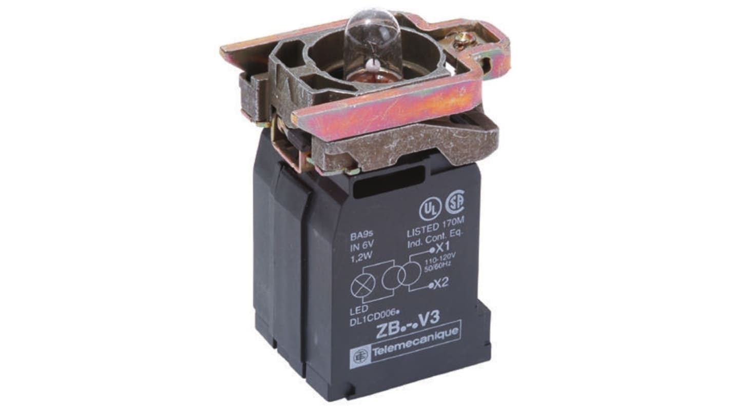 Blocco contatti luminoso LED verde Schneider Electric, serie Harmony XB4, con terminali a morsetto e collare di fissaggio.